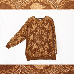 Vintage 80s Liz Claiborne Brown Gold Tinsel Floral Brocade Maximalist Sweater